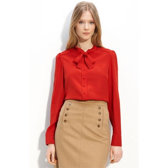 MARC BY MARC JACOBS 'Michaela' Matador Red Pure Silk Neck Tie Button Down Blouse - Picture 1 of 8